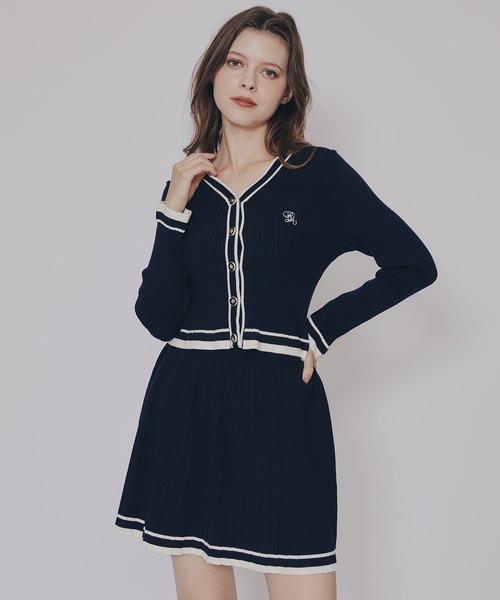 セール】ラインスキームニットカーディガン×スカートセットアップ