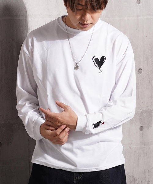 1111clothing(ワンフォークロージング)の「ハート刺繍 ワイドシルエット ロングスリーブTシャツ / Heart Embroidery Wide Silhouette Long Sleeve T-Shirt(Tシャツ/カットソー・メンズ・ホワイト系1/ホワイト系2/ブラック系1/ブラック系2・M/L)」の3枚目の写真