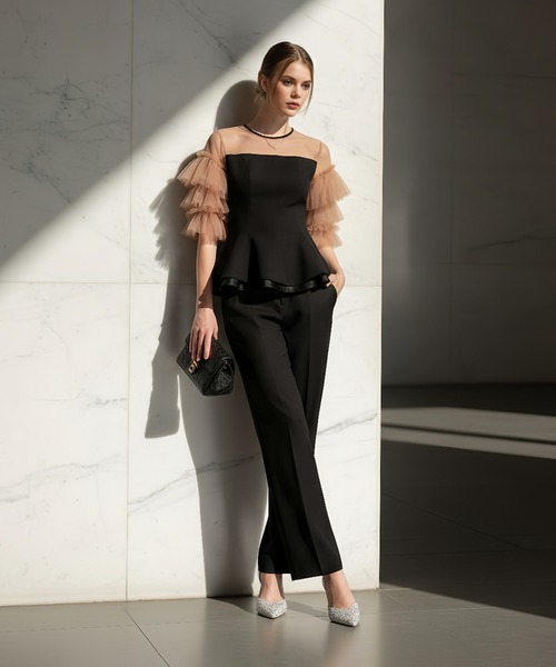 セール】【LEJA】チュールスリーブペプラムセットアップパンツドレス2