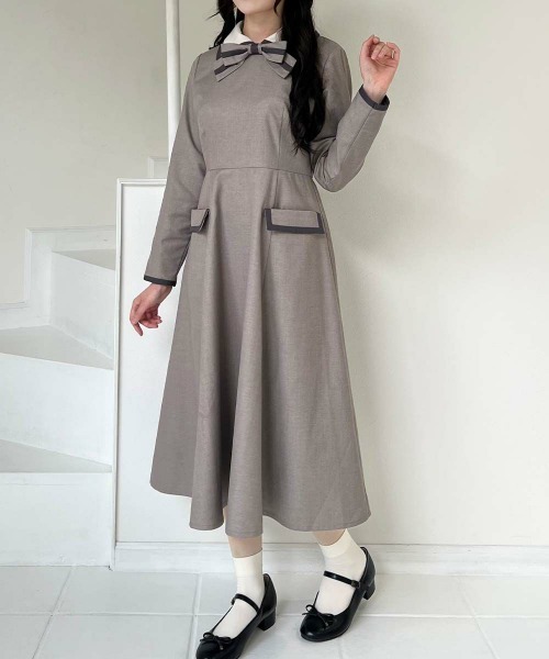 F i.n.t（フィント）の「ラインボウタイバイカラーワンピース（ワンピース・レディース・ライトグレー/ベージュ・FREE）」の5枚目の写真