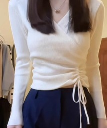 カシュクール ドロースト リブニットトップス