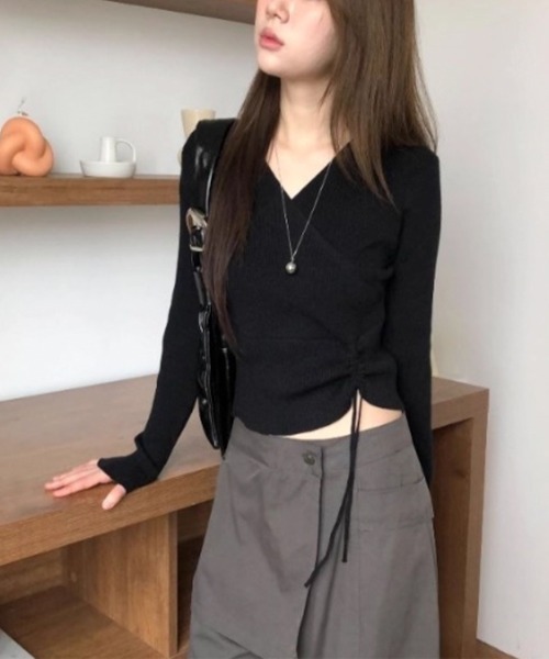VIVID LADY(ビビッドレディー)の「カシュクール ドロースト リブニットトップス(ニット/セーター・レディース・グレー/ブラック/ホワイト・FREE)」の12枚目の写真