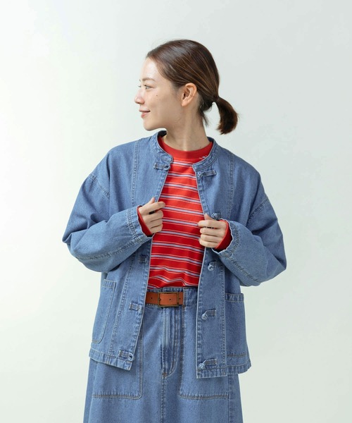 PAR ICI(パーリッシィ)の「ライトオンスデニム チャイナボタンシャツジャケット(セットアップ対応)(デニムジャケット・レディース・ブルー/ネイビー・FREE)」の4枚目の写真