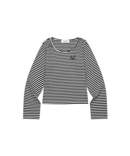 MUCENT(ムセント)の「リネラ ユーネックストライプ長袖Tシャツ(3カラー)(Tシャツ/カットソー・レディース・ホワイト×ブラック/チャコールグレー×ブラック/ブラック×ベージュ・FREE)」の1枚目の写真