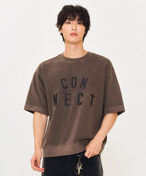 セール】男性ピグメント半袖スウェットTシャツ-ブラウン（スウェット