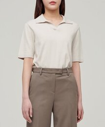 レディーススリットネックニットポロシャツ【ダスティクリーム】