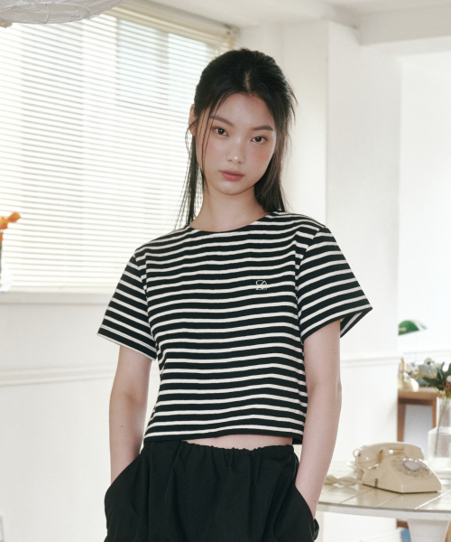 SALT AND CHOCOLATE(ソルトアンドチョコレート)の「SAC ストライプオーバーサイズクロップTシャツ ブラック 4W2311003(Tシャツ/カットソー・レディース・その他・FREE)」の1枚目の写真