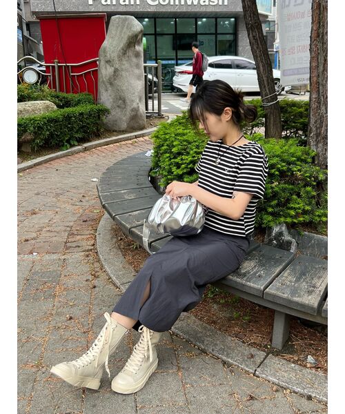 SALT AND CHOCOLATE(ソルトアンドチョコレート)の「SAC ストライプオーバーサイズクロップTシャツ ブラック 4W2311003(Tシャツ/カットソー・レディース・その他・FREE)」の5枚目の写真