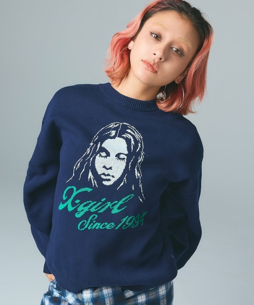 CURSIVE LOGO AND FACE JACQUARD KNIT TOP（ニット/セーター）｜X-girl