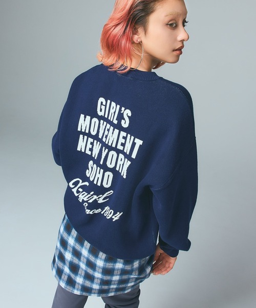 CURSIVE LOGO AND FACE JACQUARD KNIT TOP（ニット/セーター）｜X-girl