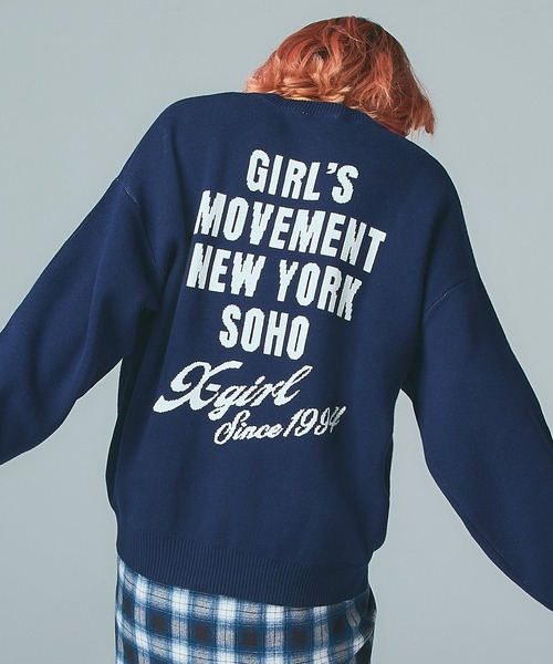 CURSIVE LOGO AND FACE JACQUARD KNIT TOP（ニット/セーター）｜X-girl