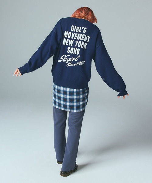 X-girl(エックスガール)の「CURSIVE LOGO AND FACE JACQUARD KNIT TOP(ニット/セーター・レディース・ブラック/オリーブ/ネイビー・ONE SIZE)」の6枚目の写真