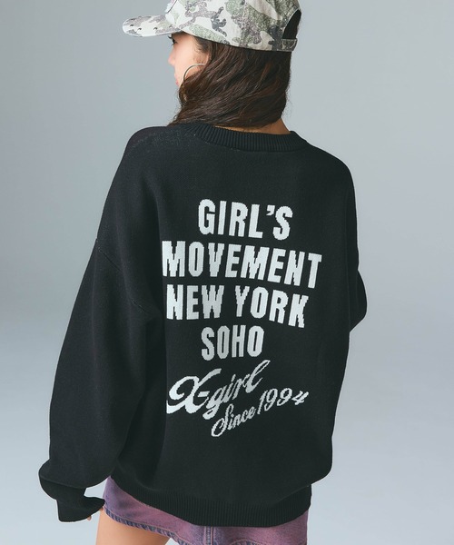 X-girl(エックスガール)の「CURSIVE LOGO AND FACE JACQUARD KNIT TOP(ニット/セーター・レディース・ブラック/オリーブ/ネイビー・ONE SIZE)」の7枚目の写真