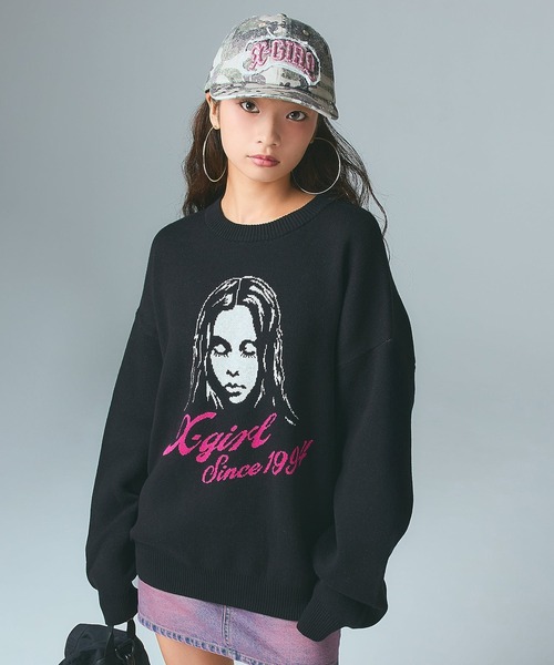 CURSIVE LOGO AND FACE JACQUARD KNIT TOP（ニット/セーター）｜X-girl