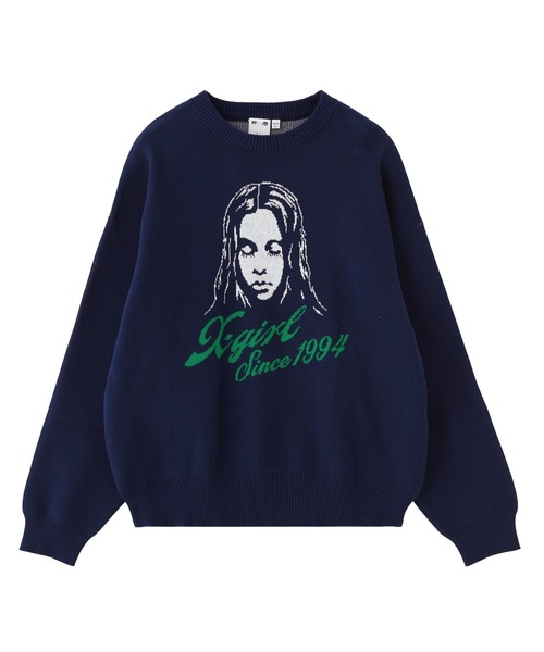X-girl(エックスガール)の「CURSIVE LOGO AND FACE JACQUARD KNIT TOP(ニット/セーター・レディース・ブラック/オリーブ/ネイビー・ONE SIZE)」の11枚目の写真