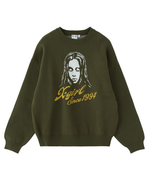 CURSIVE LOGO AND FACE JACQUARD KNIT TOP（ニット/セーター）｜X-girl