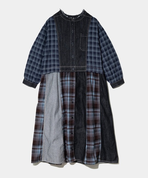 go slow caravan（ゴースローキャラバン）の「mililopiulu/ミリロピュール　チェックミックス リメイク ライクデニムワンピース（シャツワンピース・レディース・インディゴブルー/ブラック・FREE）」の2枚目の写真