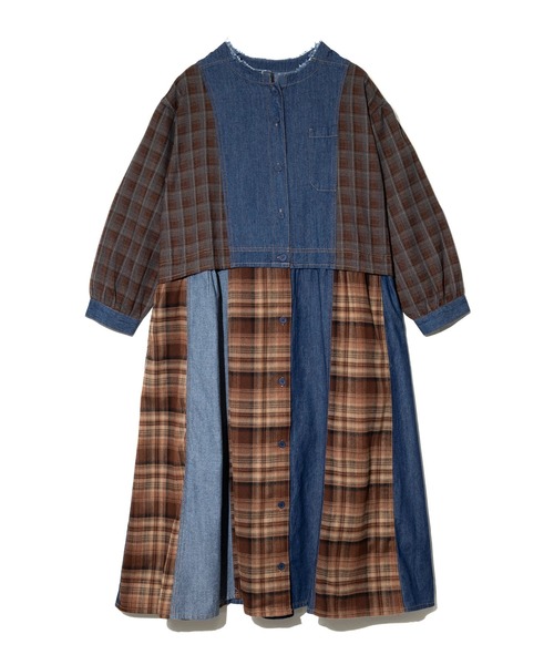 go slow caravan（ゴースローキャラバン）の「mililopiulu/ミリロピュール　チェックミックス リメイク ライクデニムワンピース（シャツワンピース・レディース・インディゴブルー/ブラック・FREE）」の3枚目の写真