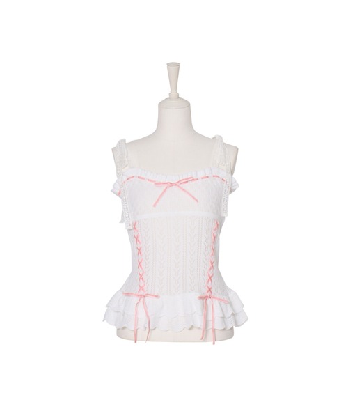Fiorforte(フィオルフォルテ)の「frill ribbon knit camisole(キャミソール・レディース・ホワイト/ピンク・FREE)」の2枚目の写真