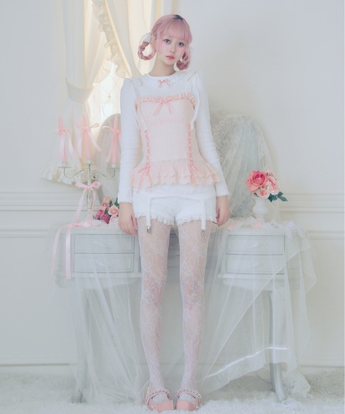 Fiorforte(フィオルフォルテ)の「frill ribbon knit camisole(キャミソール・レディース・ホワイト/ピンク・FREE)」の5枚目の写真