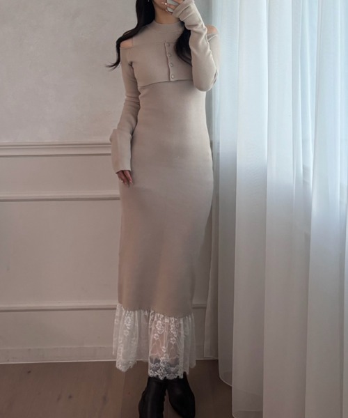 セール】lace docking ensemble knit onepiece / レースドッキング