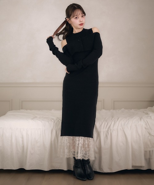 セール】lace docking ensemble knit onepiece / レースドッキング