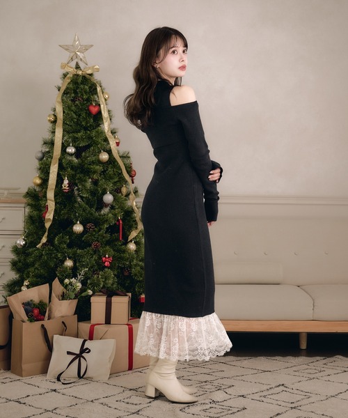 fupel(フぺル)の「lace docking ensemble knit onepiece / レースドッキングアンサンブルニットワンピース(ワンピース・レディース・ブラック/ベージュ・FREE)」の7枚目の写真
