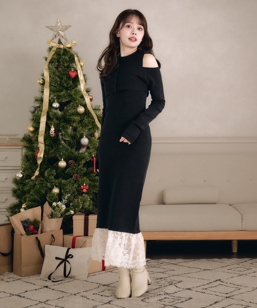 fupel(フぺル)の「lace docking ensemble knit onepiece / レースドッキングアンサンブルニットワンピース(ワンピース・レディース・ブラック/ベージュ・FREE)」の5枚目の写真