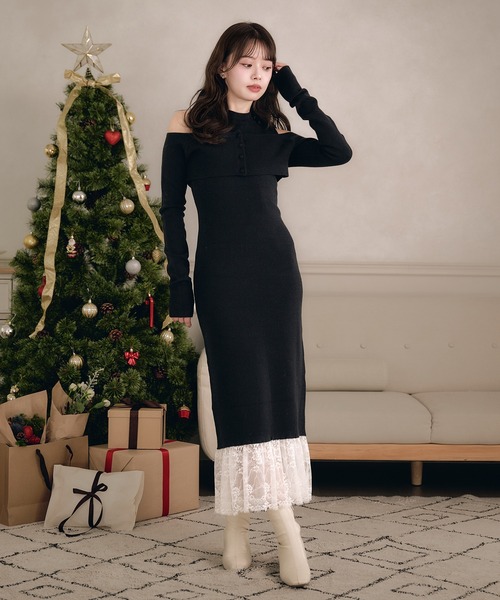 fupel(フぺル)の「lace docking ensemble knit onepiece / レースドッキングアンサンブルニットワンピース(ワンピース・レディース・ブラック/ベージュ・FREE)」の6枚目の写真