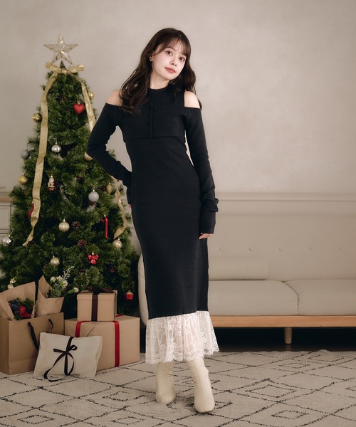 fupel(フぺル)の「lace docking ensemble knit onepiece / レースドッキングアンサンブルニットワンピース(ワンピース・レディース・ブラック/ベージュ・FREE)」の3枚目の写真