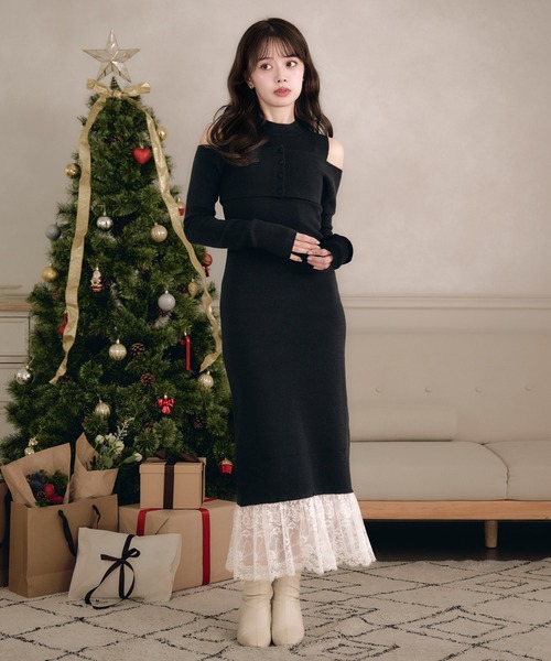 fupel(フぺル)の「lace docking ensemble knit onepiece / レースドッキングアンサンブルニットワンピース(ワンピース・レディース・ブラック/ベージュ・FREE)」の4枚目の写真