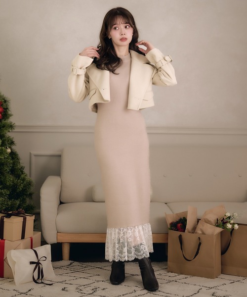 セール】lace docking ensemble knit onepiece / レースドッキング