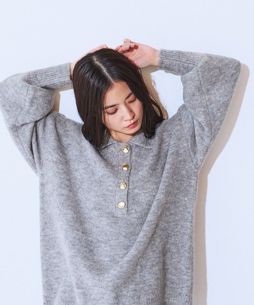 JEANASIS（ジーナシス）の「【選べる着丈】7Gアルパカブレンドポロニット/638829（ニット/セーター・レディース・ライトブルー/グレー/ブラック系その他/ピンクベージュ・MEDIUM/LARGE）」の7枚目の写真