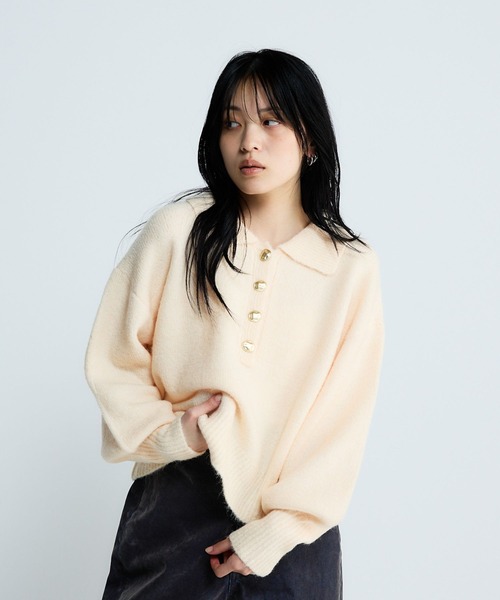 JEANASIS（ジーナシス）の「【選べる着丈】7Gアルパカブレンドポロニット/638829（ニット/セーター・レディース・ライトブルー/グレー/ブラック系その他/ピンクベージュ・MEDIUM/LARGE）」の12枚目の写真