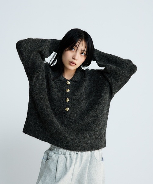 JEANASIS（ジーナシス）の「【選べる着丈】7Gアルパカブレンドポロニット/638829（ニット/セーター・レディース・ライトブルー/グレー/ブラック系その他/ピンクベージュ・MEDIUM/LARGE）」の8枚目の写真