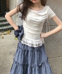 【26年春夏新作】裾レースティアードフリルペプラムビジューロゴ半袖Tシャツ
