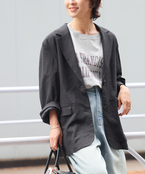 JOURNAL STANDARD relume（ジャーナルスタンダード　レリューム）の「［手洗い可］リネンフィールシングルジャケット（テーラードジャケット・レディース・ブラック/ベージュ・36/38）」の2枚目の写真