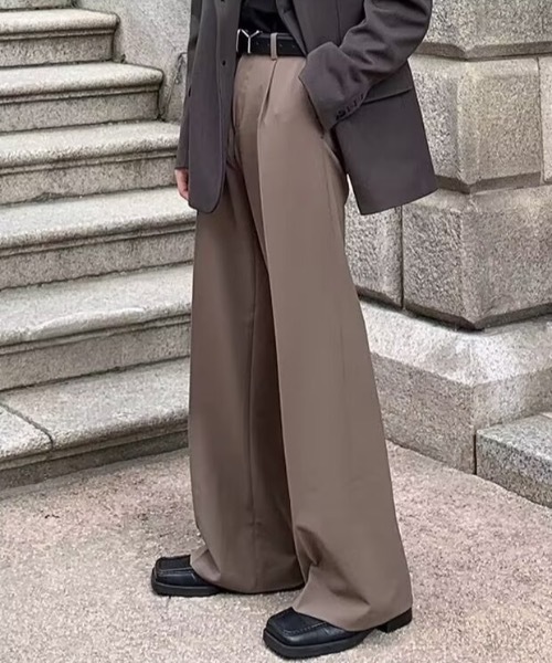 SHEPP（シープ）の「【26年春新作】フレアシルエット センタープレス 美脚ワイドスラックス（スラックス・メンズ・ブラック/ブラウン・L/M）」の12枚目の写真