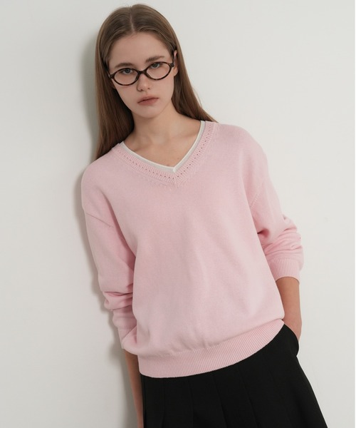 GENERAL IDEA（ジェネラルアイデア）の「【GENERAL IDEA】コットンレイヤードVネックニットプルオーバー / Cotton Layered V-Neck Knit Pullover（ニット/セーター・レディース・ホワイト/ピンク/ライトグレー・S/L/M）」の3枚目の写真