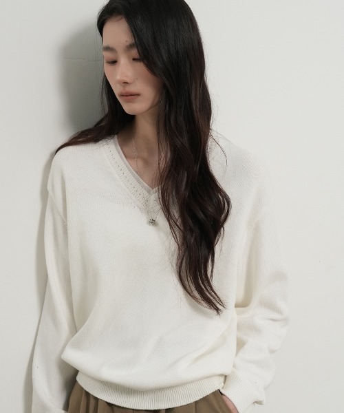 GENERAL IDEA（ジェネラルアイデア）の「【GENERAL IDEA】コットンレイヤードVネックニットプルオーバー / Cotton Layered V-Neck Knit Pullover（ニット/セーター・レディース・ホワイト/ピンク/ライトグレー・S/L/M）」の4枚目の写真