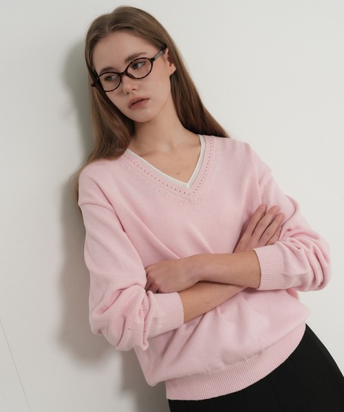 GENERAL IDEA（ジェネラルアイデア）の「【GENERAL IDEA】コットンレイヤードVネックニットプルオーバー / Cotton Layered V-Neck Knit Pullover（ニット/セーター・レディース・ホワイト/ピンク/ライトグレー・S/L/M）」の17枚目の写真