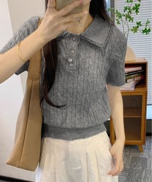 襟レース 半袖 ケーブル ポロニット