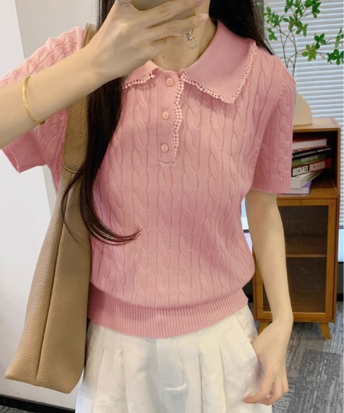 kirakiraShop(キラキラショップ)の「襟レース 半袖 ケーブル ポロニット(ニット/セーター・レディース・杢グレー/ブルー/アイボリー/ピンク/レッド/ネイビー・FREE)」の5枚目の写真