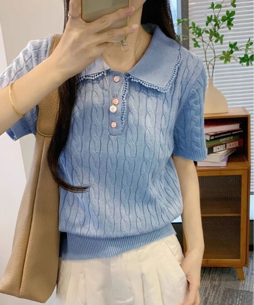 kirakiraShop(キラキラショップ)の「襟レース 半袖 ケーブル ポロニット(ニット/セーター・レディース・杢グレー/ブルー/アイボリー/ピンク/レッド/ネイビー・FREE)」の4枚目の写真