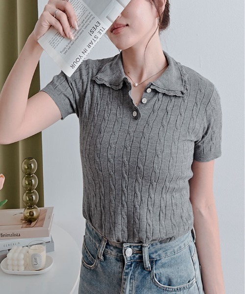 kirakiraShop(キラキラショップ)の「襟レース 半袖 ケーブル ポロニット(ニット/セーター・レディース・杢グレー/ブルー/アイボリー/ピンク/レッド/ネイビー・FREE)」の7枚目の写真