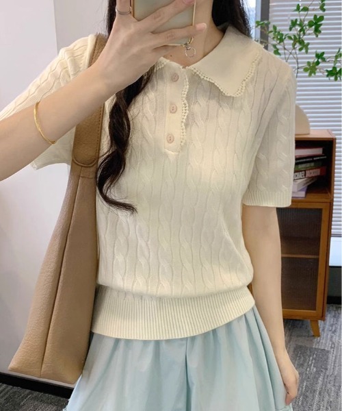 kirakiraShop(キラキラショップ)の「襟レース 半袖 ケーブル ポロニット(ニット/セーター・レディース・杢グレー/ブルー/アイボリー/ピンク/レッド/ネイビー・FREE)」の9枚目の写真