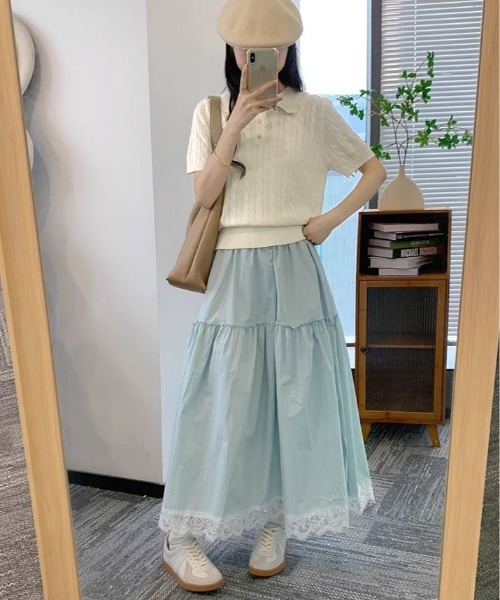 kirakiraShop(キラキラショップ)の「襟レース 半袖 ケーブル ポロニット(ニット/セーター・レディース・杢グレー/ブルー/アイボリー/ピンク/レッド/ネイビー・FREE)」の10枚目の写真