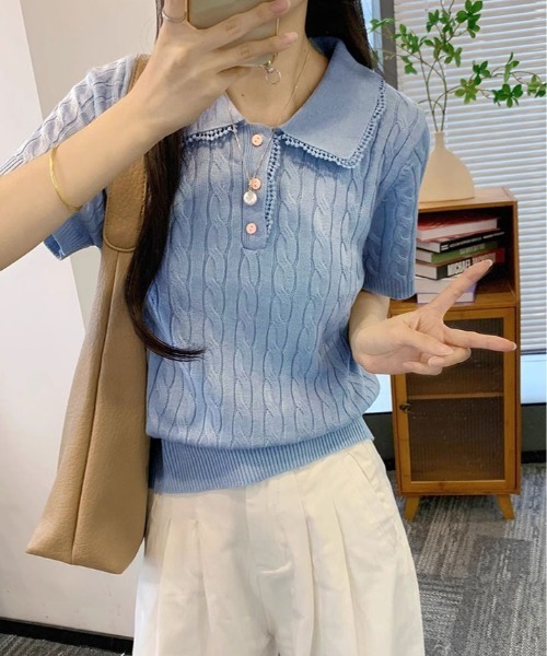 kirakiraShop(キラキラショップ)の「襟レース 半袖 ケーブル ポロニット(ニット/セーター・レディース・杢グレー/ブルー/アイボリー/ピンク/レッド/ネイビー・FREE)」の17枚目の写真