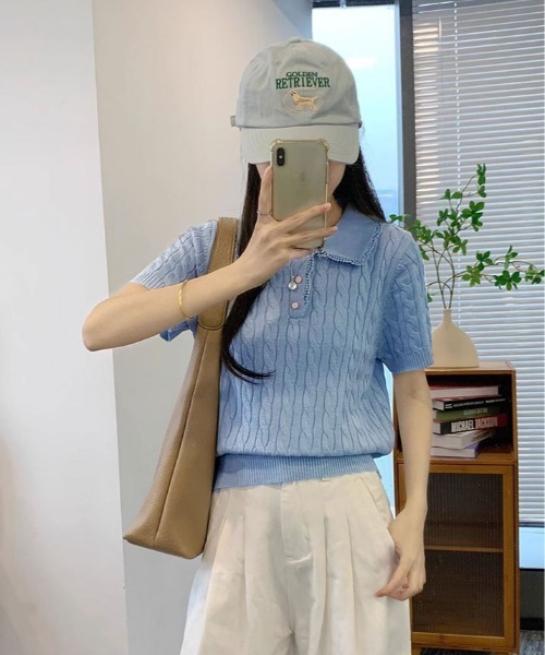 kirakiraShop(キラキラショップ)の「襟レース 半袖 ケーブル ポロニット(ニット/セーター・レディース・杢グレー/ブルー/アイボリー/ピンク/レッド/ネイビー・FREE)」の18枚目の写真