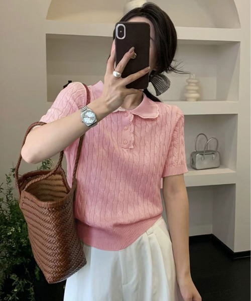 kirakiraShop(キラキラショップ)の「襟レース 半袖 ケーブル ポロニット(ニット/セーター・レディース・杢グレー/ブルー/アイボリー/ピンク/レッド/ネイビー・FREE)」の21枚目の写真